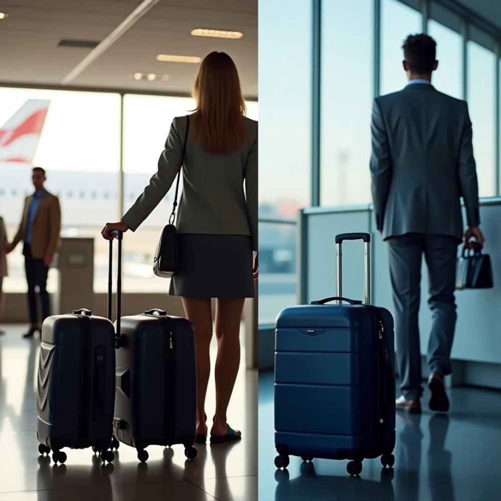 Business travelers at airport with rolling suitcases near large windows.