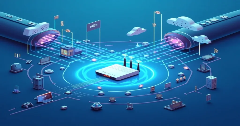 Bandwidth visual with pipes, highway, and Wi-Fi devices.