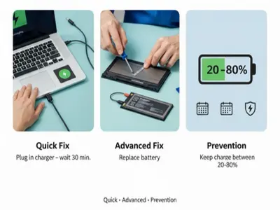 Three-panel infographic: Quick Fix (plug in charger), Advanced Fix (replace battery), Prevention (keep charge 20–80%) for laptop battery issues.