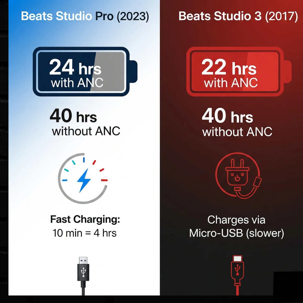 Battery life and charging comparison: Studio Pro vs Studio 3