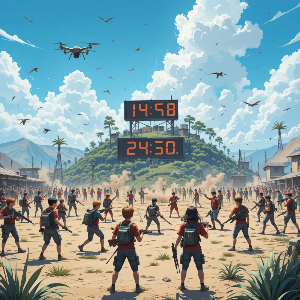 Students scatter across a dangerous island, each armed and watched by drones and countdown displays.