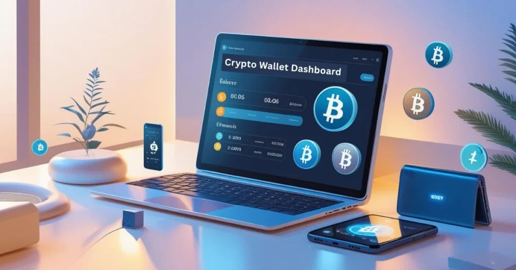 Laptop and smartphone showing crypto wallet dashboard with Bitcoin icons and a hardware wallet on a desk.