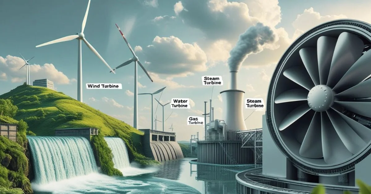 llustration showing different types of tarbains including wind, water, steam, and gas turbines used for generating energy.