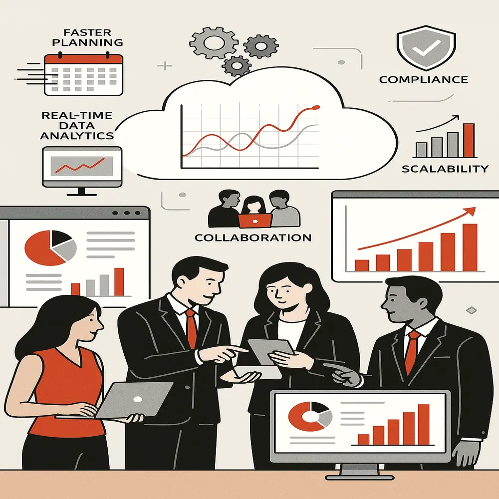 Illustration of professionals using analytics tools, with icons for planning, real-time data, compliance, scalability, and collaboration; charts highlight growth and performance. 