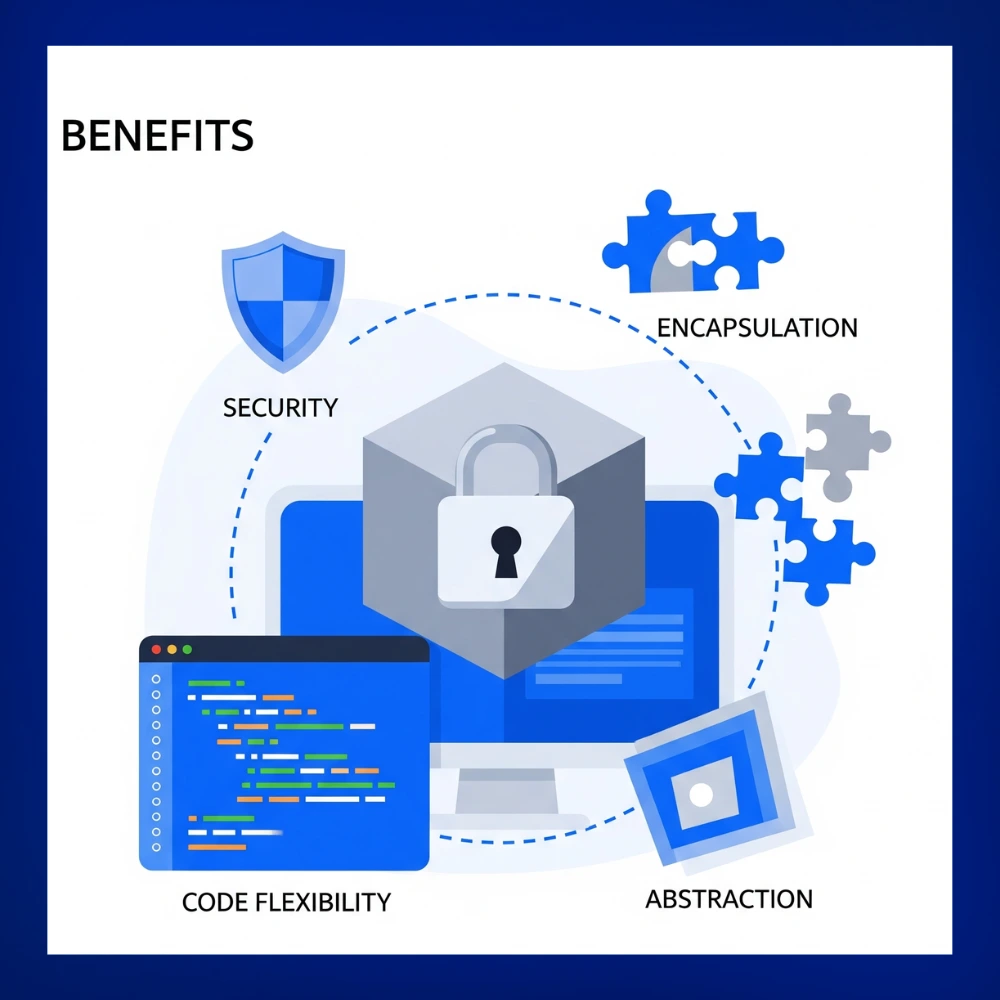 Illustration of a locked data structure on a computer screen with labels showing benefits like security, abstraction, and code flexibility in programming.