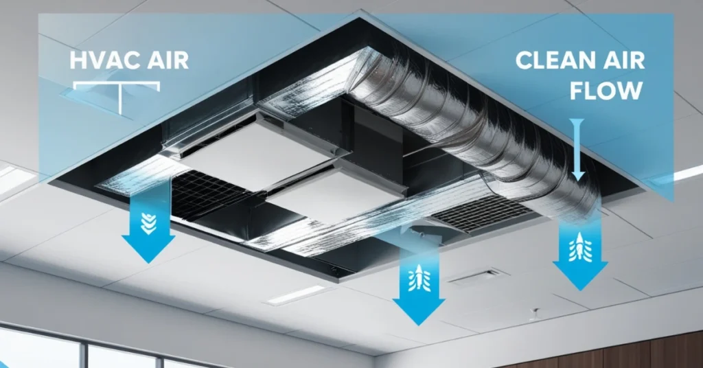 Illustration of plenum ventilation system in a modern building showing airflow and HVAC components