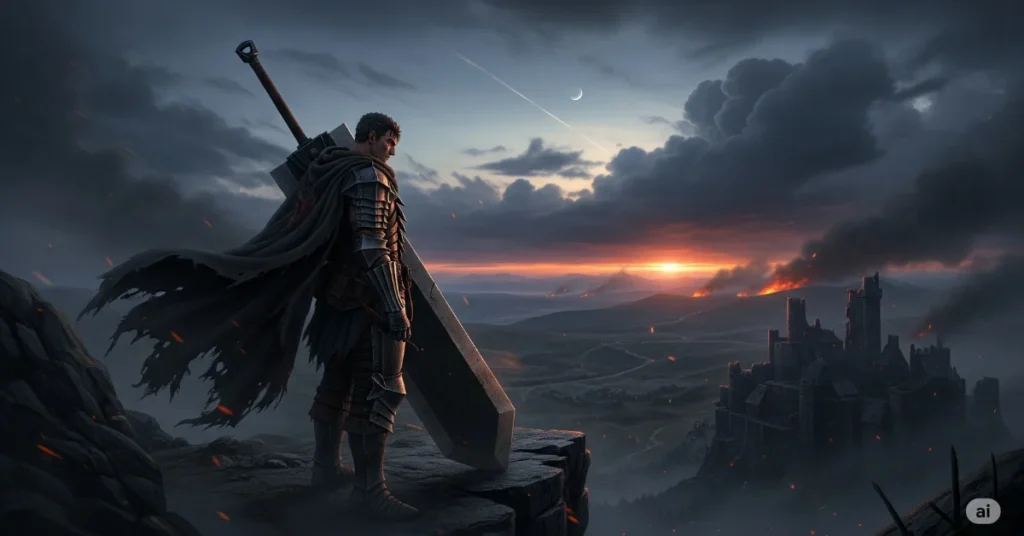 Lone swordsman in dark medieval world