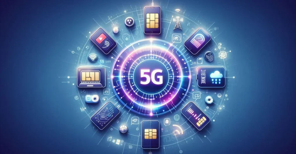 5G network with SIM cards and tech icons on a blue background.