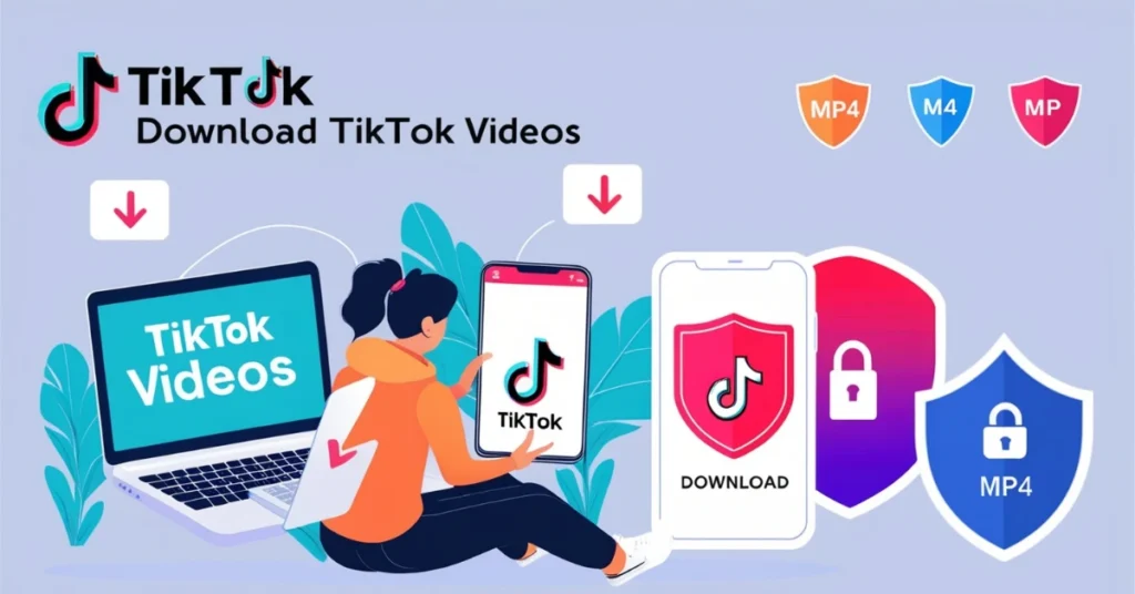 Person using laptop and phone to safely download TikTok videos with icons for MP4, MP3, and security shield, representing legal and easy downloading tools.