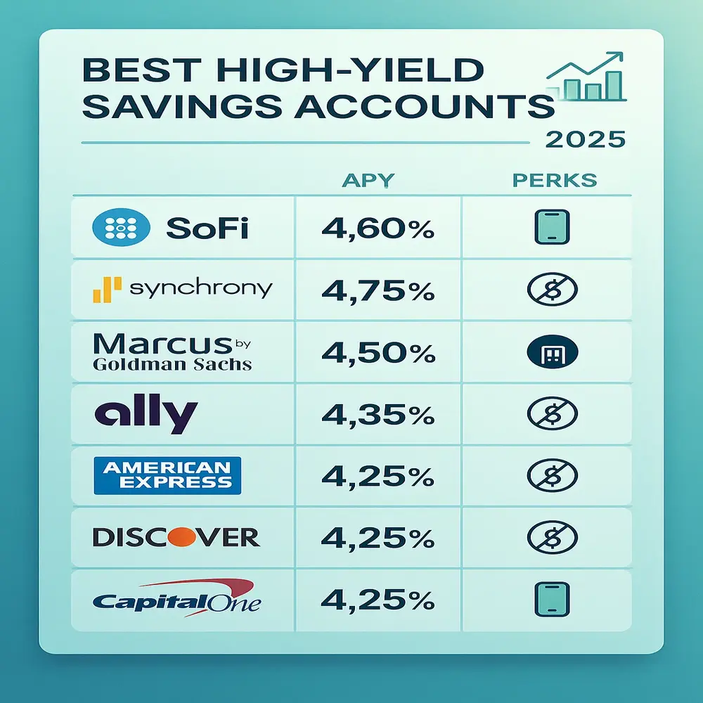 Infographic showing top 2025 high-yield savings accounts with APYs and perks from SoFi, Synchrony, Marcus, Ally, Amex, Discover, and Capital One on a modern tech-themed background. 