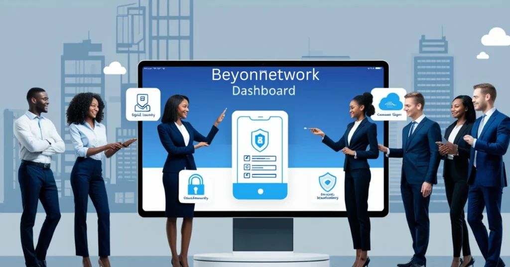 People using a digital dashboard of Beyonnetwork with icons for ID, cloud, fintech, and security services in a modern smart city background