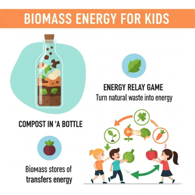 Kids learn biomass energy through compost in a bottle and plant-powered relay game.