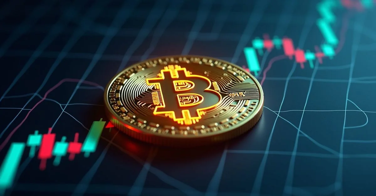 Digital representation of Bitcoin with upward-trending financial graph indicating a new record price.