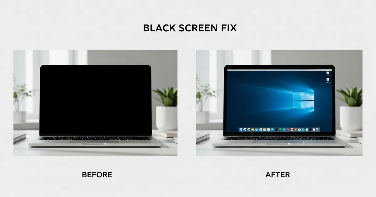 Before and after comparison showing a laptop with a black screen on the left and the same laptop with a working display on the right, labeled Black Screen Fix.