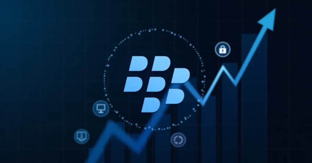 BlackBerry logo with upward stock chart and cybersecurity icons on digital blue background.