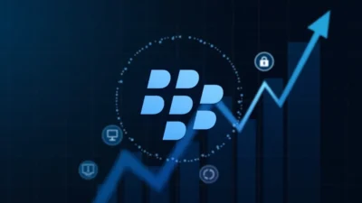 BlackBerry logo with upward stock chart and cybersecurity icons on digital blue background.