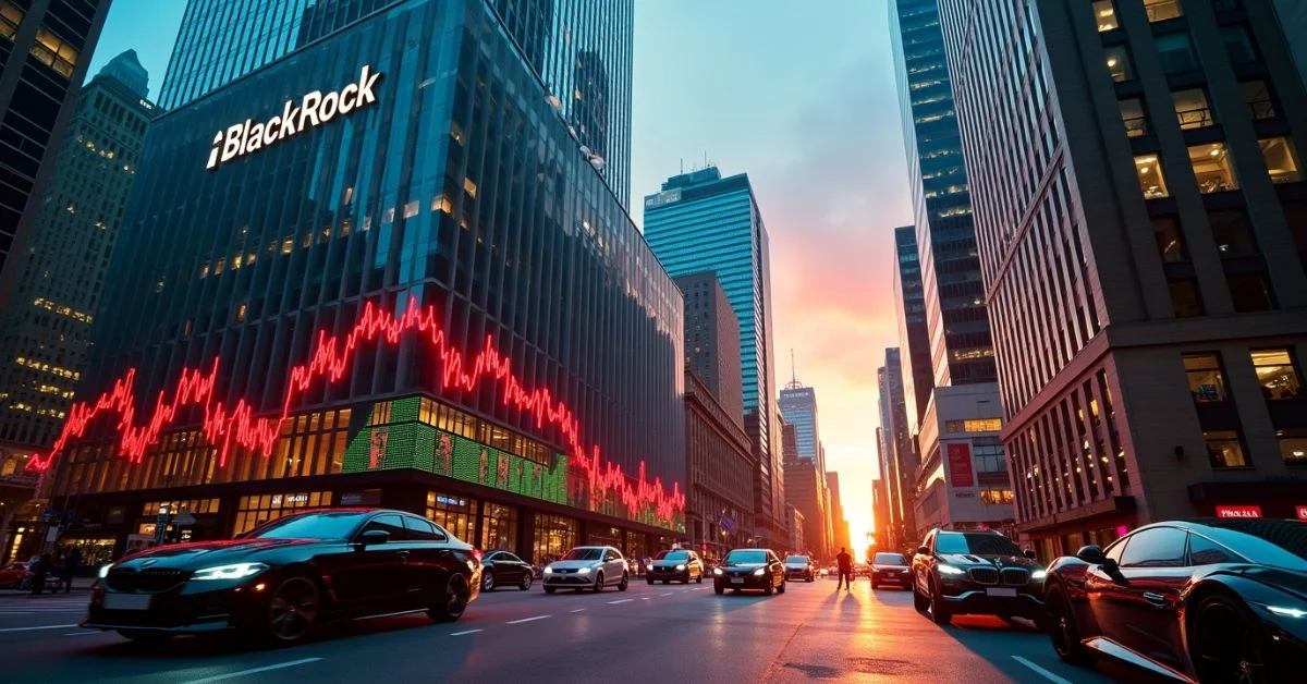 BlackRock office building with market graphs in background showing stock drop after large client redemption.