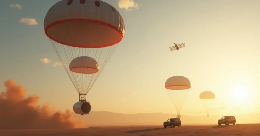 Starliner landing with parachutes in desert dawn