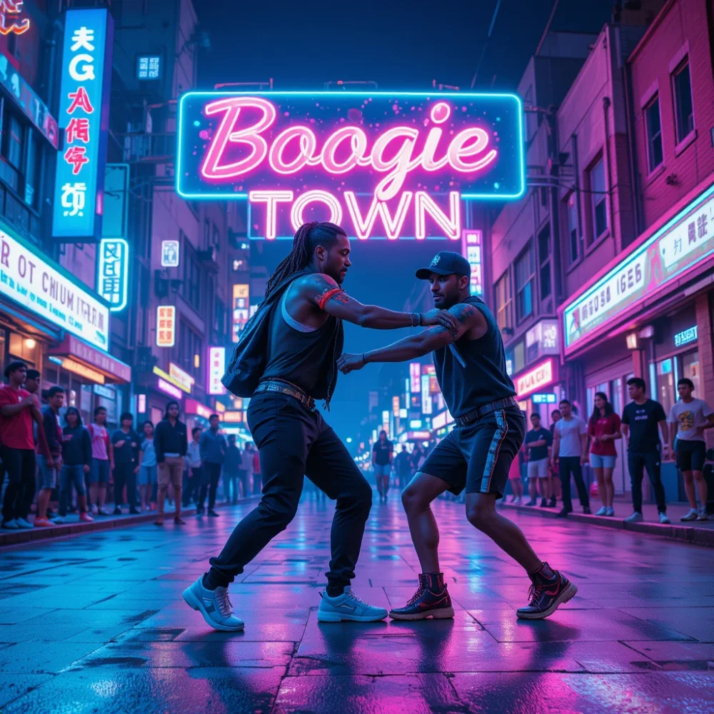 Khleo Thomas in neon dance battle with "Boogie Town" sign. 