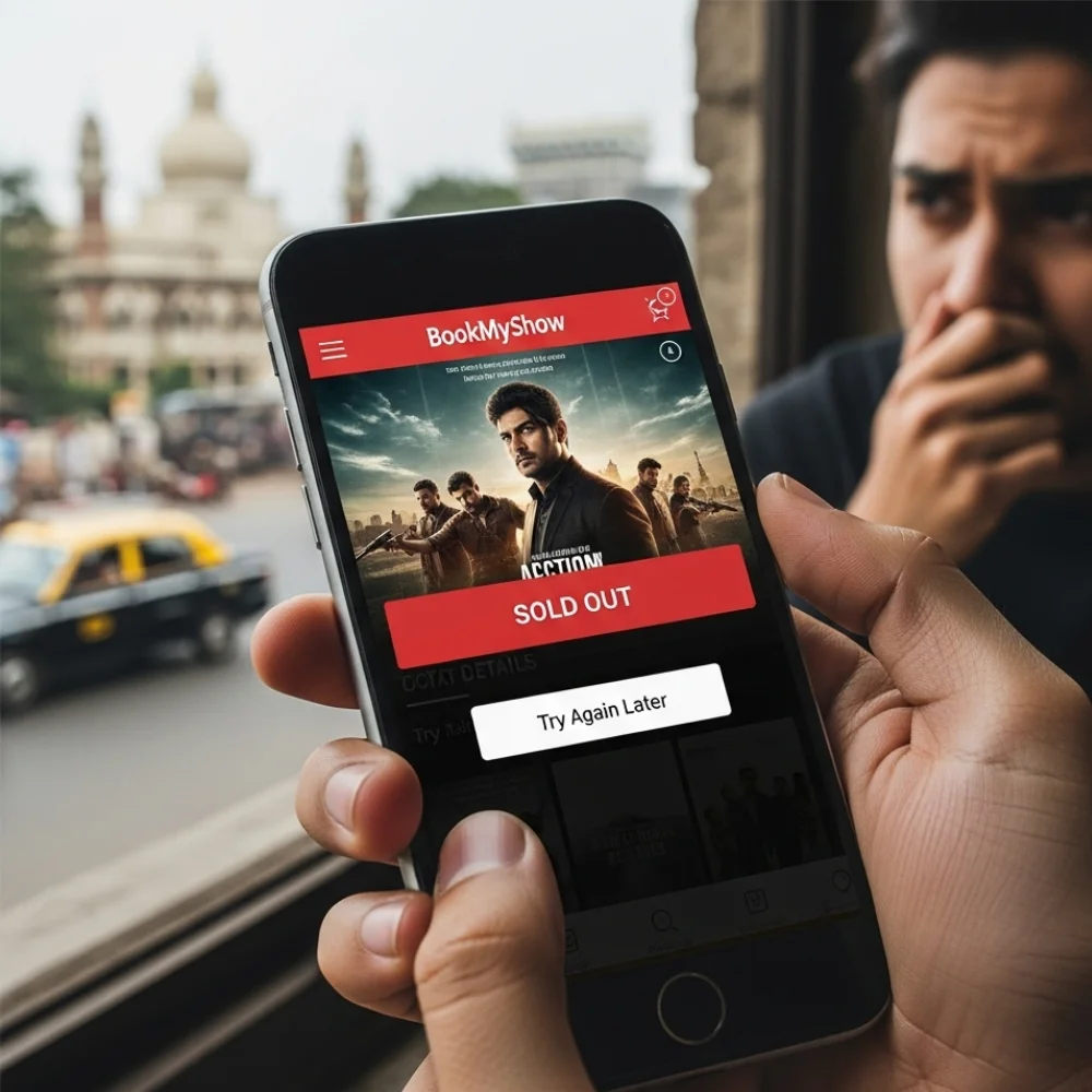 Smartphone screen showing BookMyShow app error with ‘Sold Out’ message and frustrated user background.