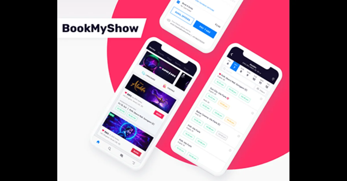 BookMyShow app interface displaying upcoming live events, ticket booking options, and promotional offers on a smartphone screen.