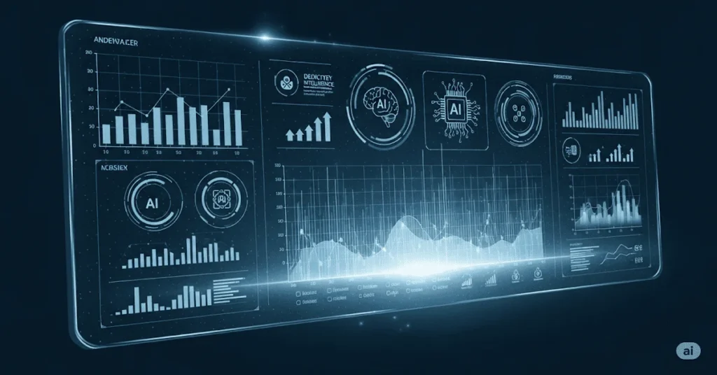 Boost Decisions with AI using a predictive analytics dashboard featuring data charts, machine learning icons, and digital graphs for smart business decision-making