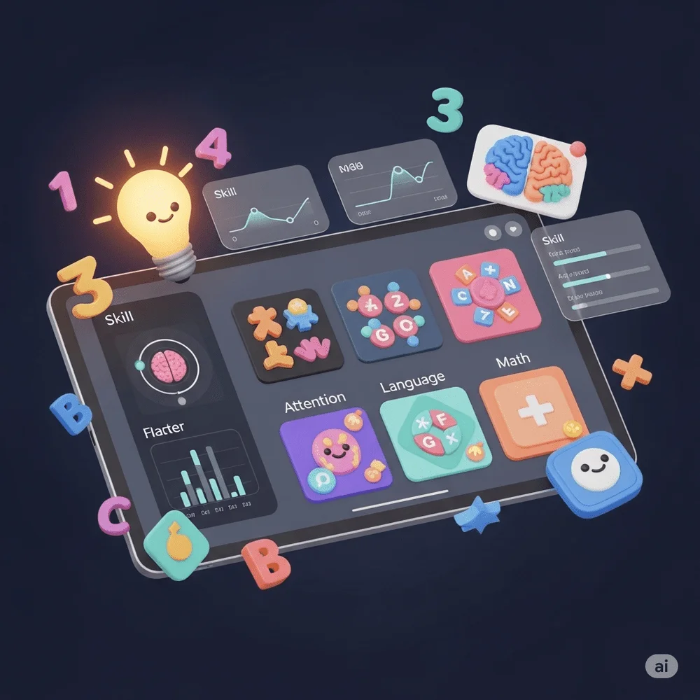 A digital screen showing brain games and progress charts, surrounded by icons for attention, math, and language—representing Brainwell’s all-ages mental training focus. 