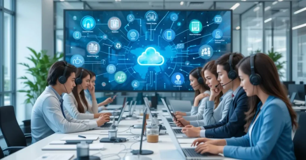 Professionals using Brame Telecom services in a modern office with icons for internet, mobile, and cloud communication.