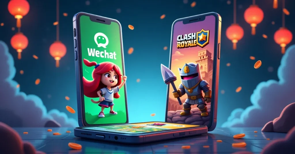 Brawl Stars and Clash Royale characters appear on WeChat-themed smartphones with Chinese lanterns and coins in the background. Brawl Stars and Clash Royale characters appear on WeChat-themed smartphones with Chinese lanterns and coins in the background. Brawl Stars and Clash Royale characters appear on WeChat-themed smartphones with Chinese lanterns and coins in the background. Brawl Stars and Clash Royale characters appear on WeChat-themed smartphones with Chinese lanterns and coins in the background.
