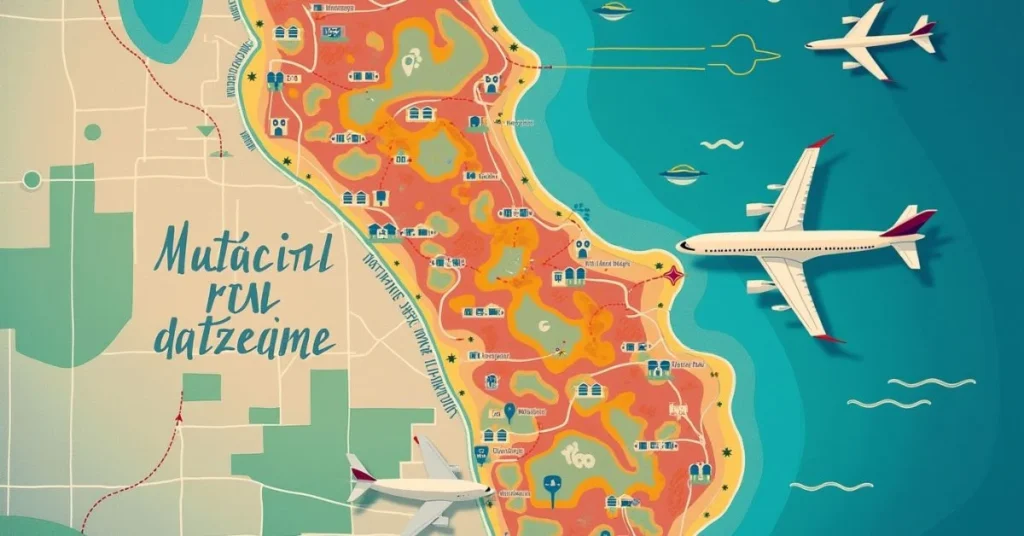 Illustrated Brisbane map showing flight path changes and suburbs affected by aircraft noise redistribution.