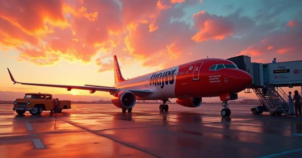 Passengers board a small low-cost aircraft at an airport gate with a sign reading “New Service Coming Soon” to California destinations.