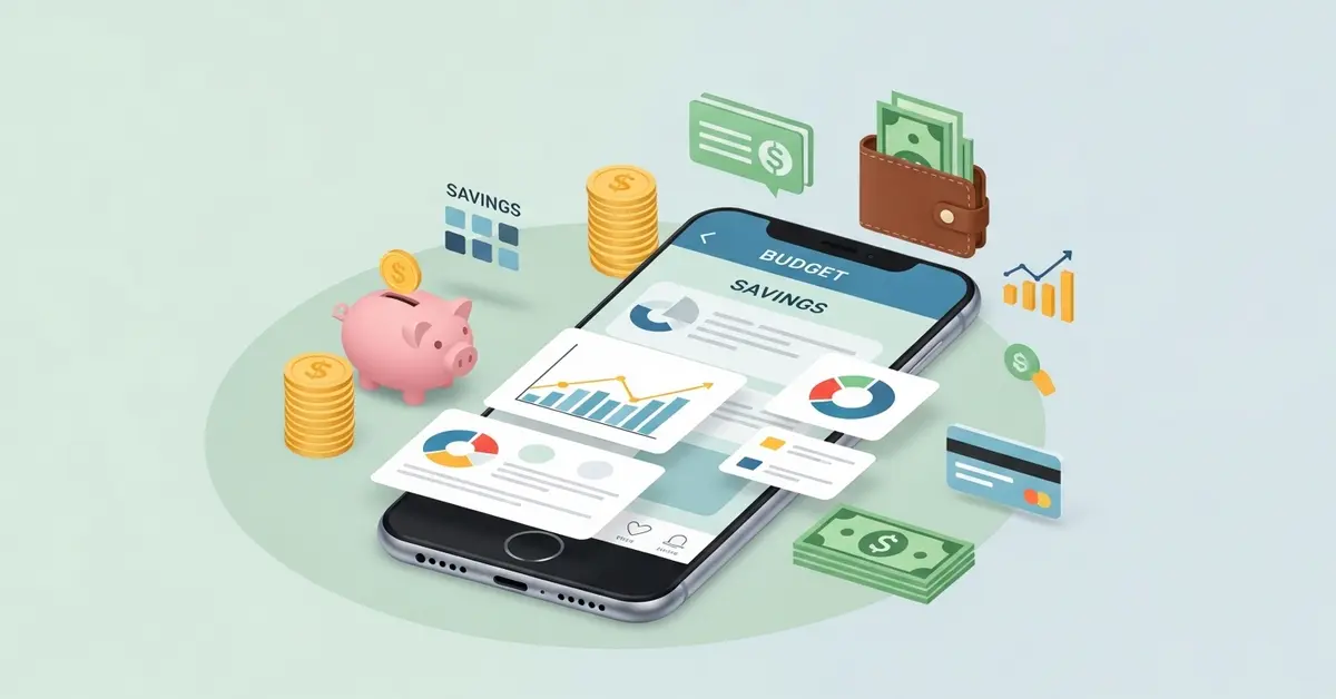 Budgeting app on phone with piggy bank, charts, and money icons.