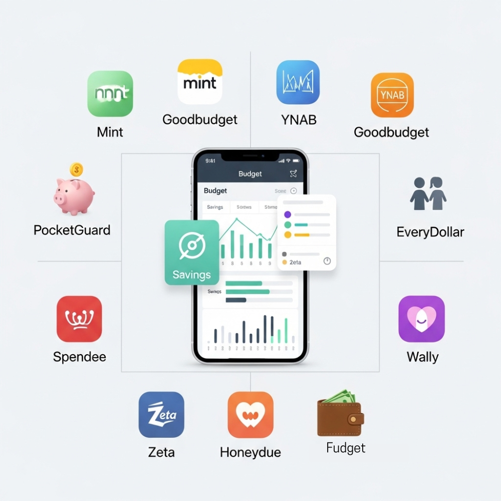 Infographic style image showing a smartphone with budget visuals, surrounded by icons and elements representing top budgeting apps like Mint, YNAB, Goodbudget, and others.