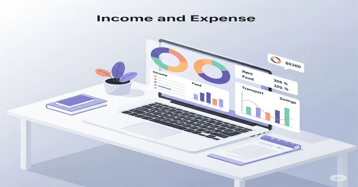 Isometric illustration of a budget desk with charts, laptop, and labeled expenses in soft pastel colors, showing organized financial tracking.