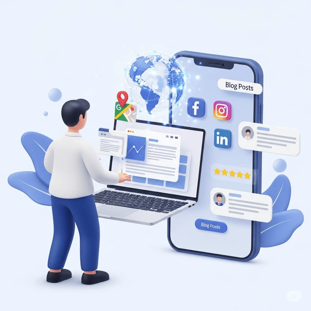 Illustration of a businessperson enhancing online presence with website, social media icons, Google listing, star ratings, and blog posts in a modern flat design. 