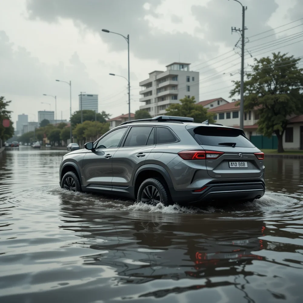 BYD U8 SUV floating steadily in floodwater, demonstrating its emergency amphibious feature.