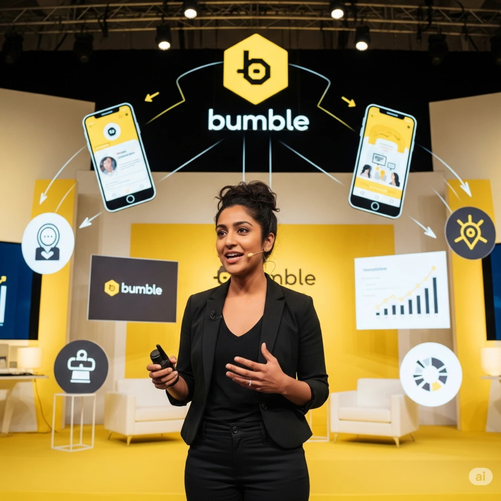 Whitney Wolfe Herd at tech event with Bumble branding