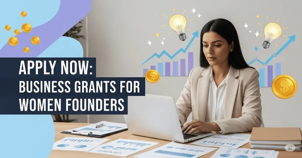 Confident woman entrepreneur working at a desk with a laptop and grant documents, surrounded by symbols of growth like graphs and dollar signs, representing Business Grants for Women Founders.