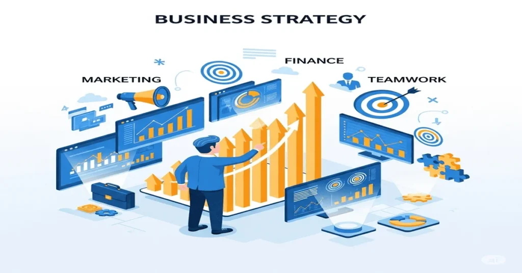 3D illustration of business growth strategies with a businessperson, rising chart, and icons for marketing, tech, finance, and teamwork in blue, gold, and white.