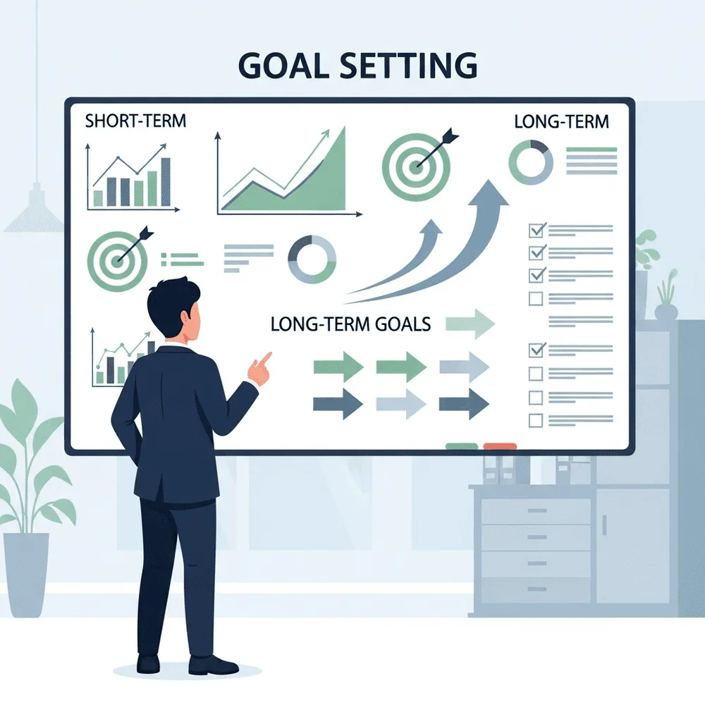 Illustration of a businessperson defining clear business goals with charts, timelines, targets, and checklists on a screen in a modern office setting. 