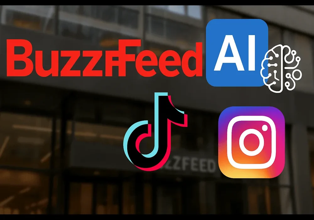 BuzzFeed logo with AI, TikTok, and Instagram icons on a blurred office background.