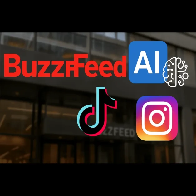 BuzzFeed logo with AI, TikTok, and Instagram icons on a blurred office background.