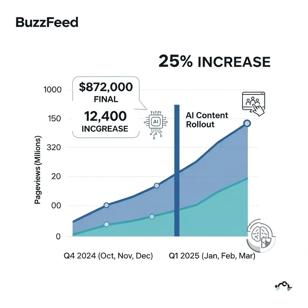 Infographic showing a 25% increase in BuzzFeed’s pageviews after launching AI content in January 2025, with a line graph in blue tones.