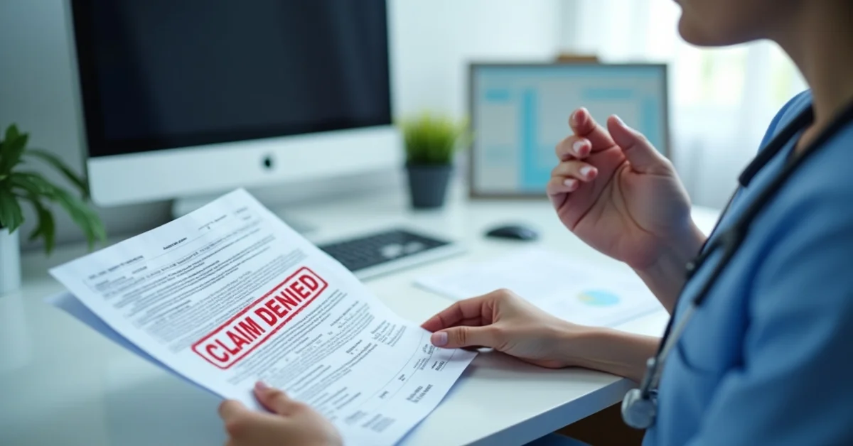 Frustrated doctor reviewing a medical claim denied due to CO 22 Denial Code at a clinic desk with billing documents and insurance paperwork.