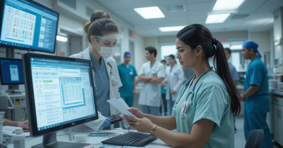 Doctor using a computer to enter medical orders into a hospital’s CPOE system in a modern clinical settin