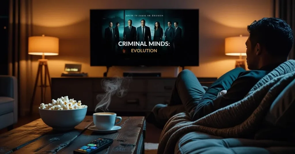 Person watching Criminal Minds Evolution on a smart TV in a cozy living room with popcorn and remote on the table.