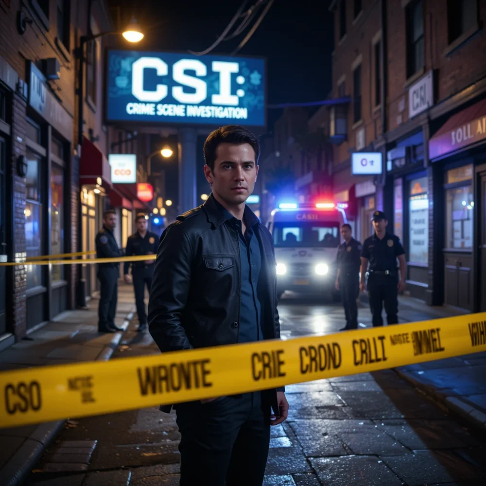 Khleo Thomas at crime scene with "CSI" title in view. 