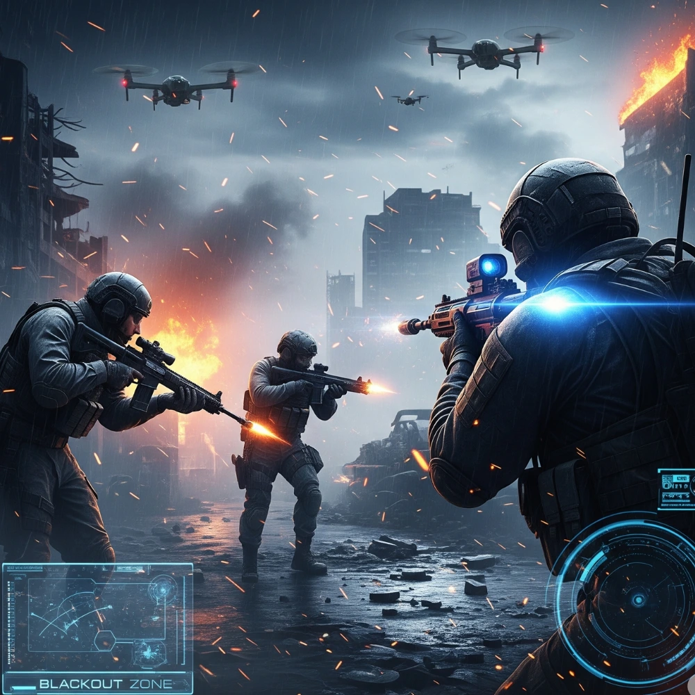 Futuristic soldiers fight in a high-tech urban war zone