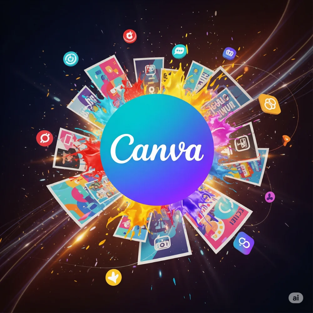 Canva logo with creative icons on dark background