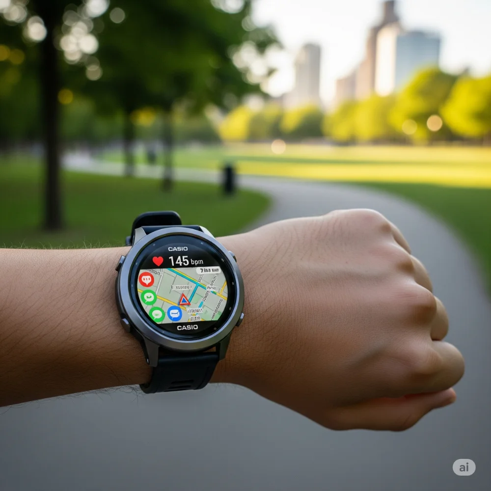 Casio smartwatch tracking a city jog
